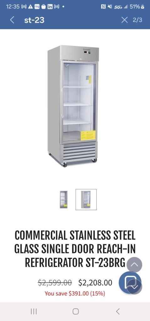 COMMERCIAL STAINLESS STEEL GLASS SINGLE DOOR REACH-IN REFRIGERATOR ST-23BRG NIB done