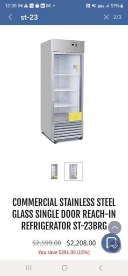 COMMERCIAL STAINLESS STEEL GLASS SINGLE DOOR REACH-IN REFRIGERATOR ST-23BRG NIB