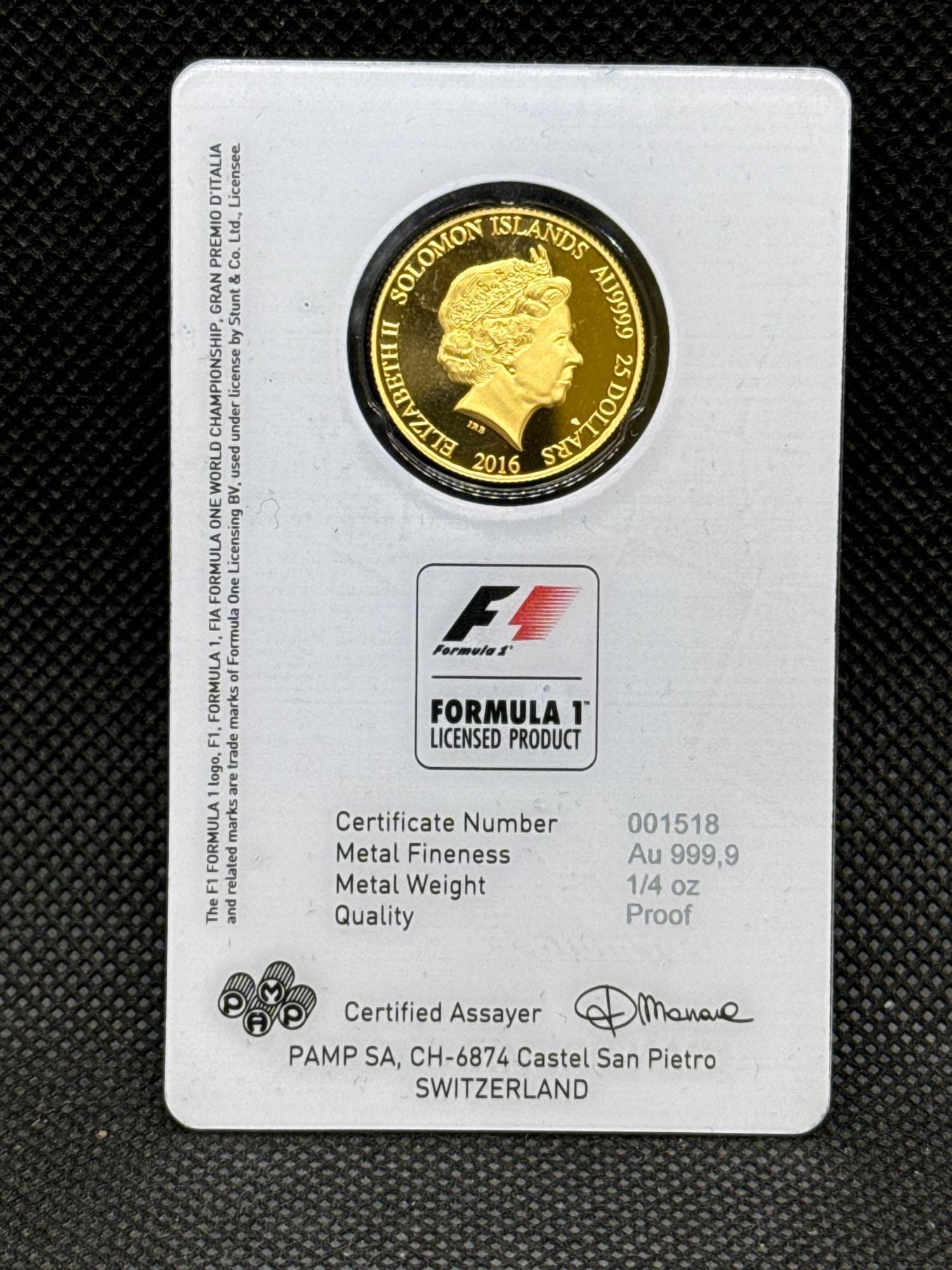 PAMP Formula 1 1/4 Oz 999.9 Fine Gold $25 Bullion Coin