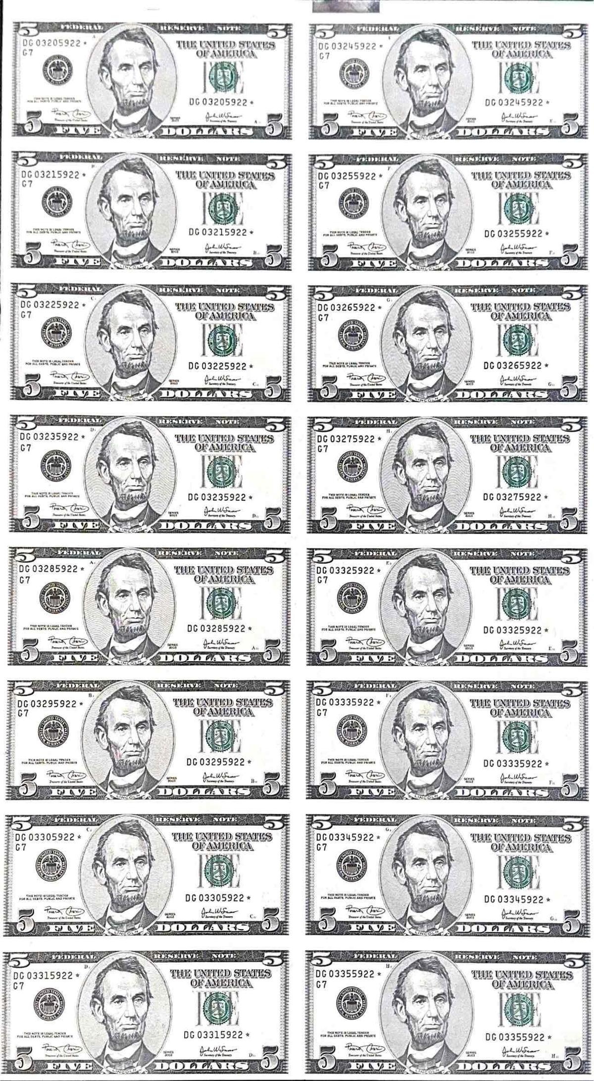 Uncut Sheet of 16 Five Dollar Bills banknotes $5 Face Value $80