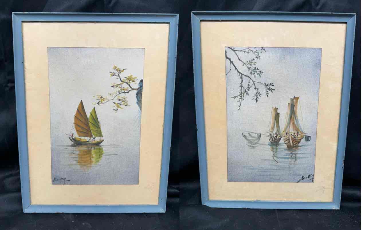 Pair of Signed Framed Art of Boats 12x16