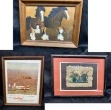3 Pieces of small framed art Lockheed, Clysdales, Papyruss