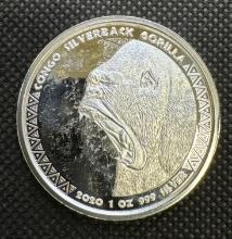 2020 Congo Silverback Gorilla 1 Troy Ounce .999 Fine Silver Bullion Coin