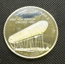 History Of Flight 1st Von Zeppelin Dirigible 1900 Sterling Silver Coin 1.31 Oz