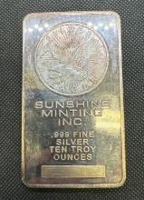 10 Troy Oz 999 Fine Silver Sunshine Minting Bullion Bar