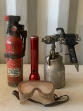 Maglite, Fire Extinguisher, Goggles & Spray Can
