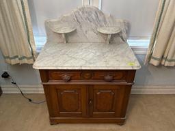 Antique Carved Wood Wash Stand with Marble Top
