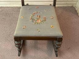 Antique Wood Rocking Chair with Floral Needlepoint Seat