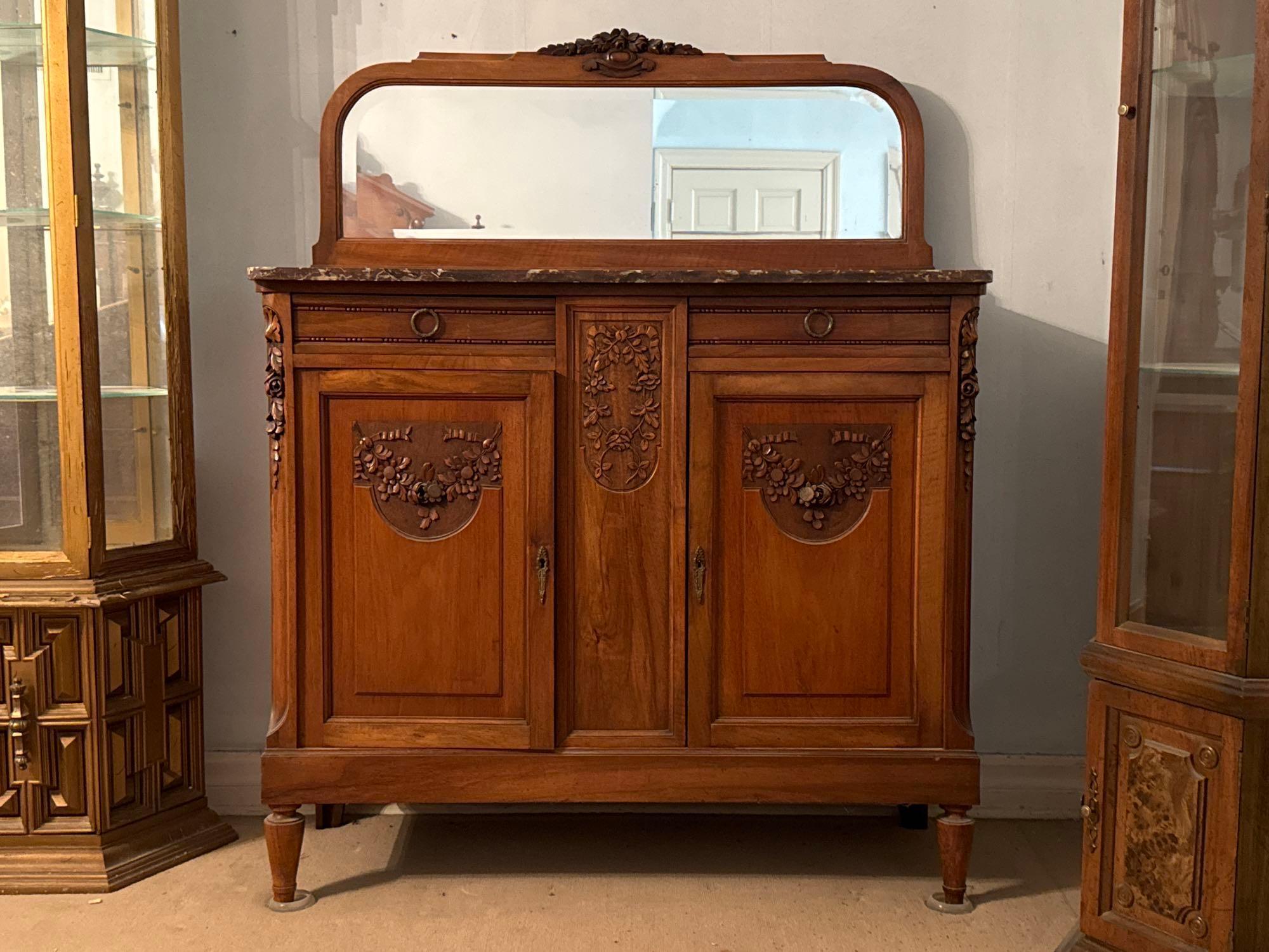 Antique Carved Wood Sideboard Buffet Cabinet with Mirror