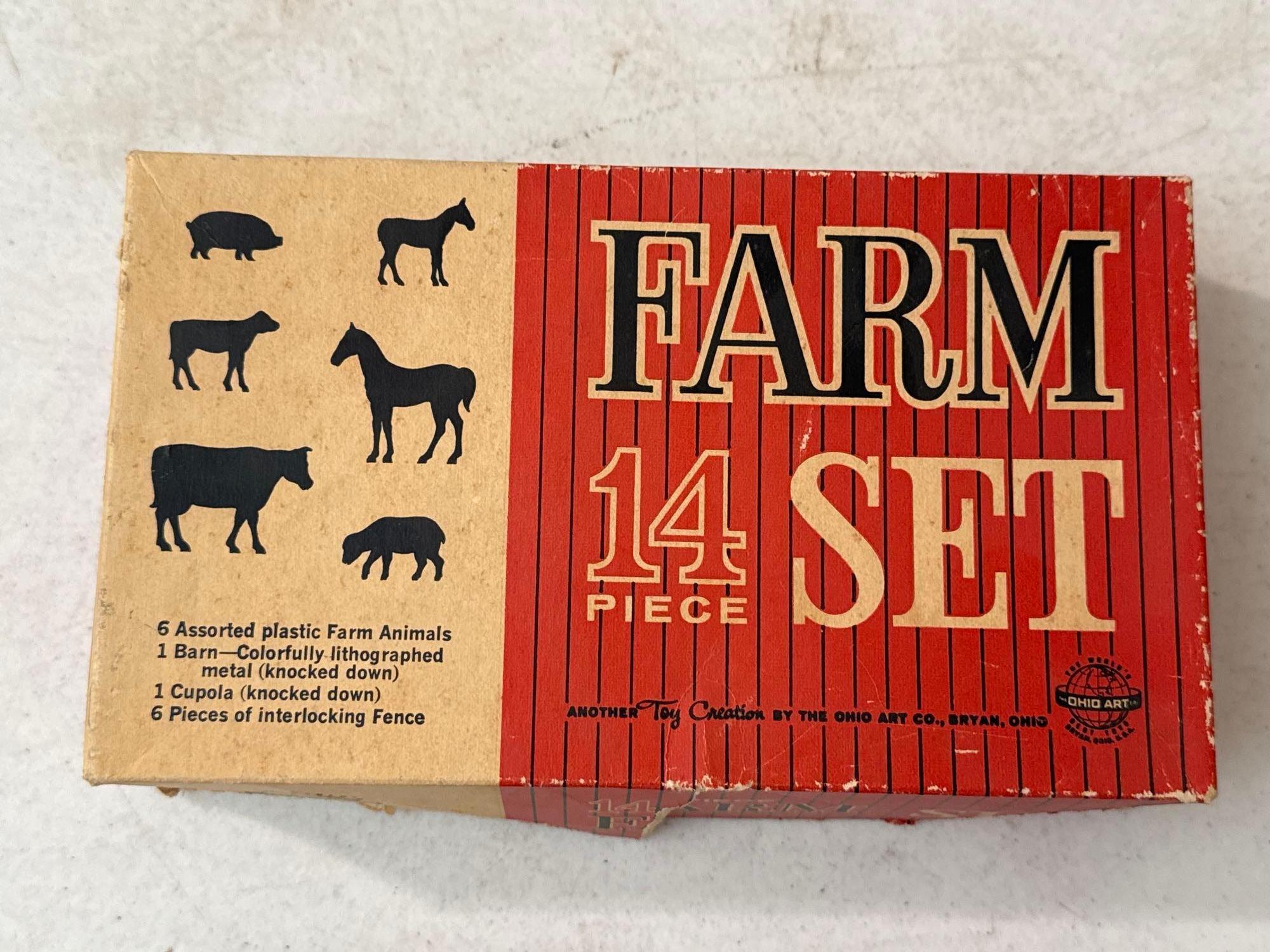 Vintage Mid-Century Lithograph Tin Barn & Molded Plastic Farm Animal Set
