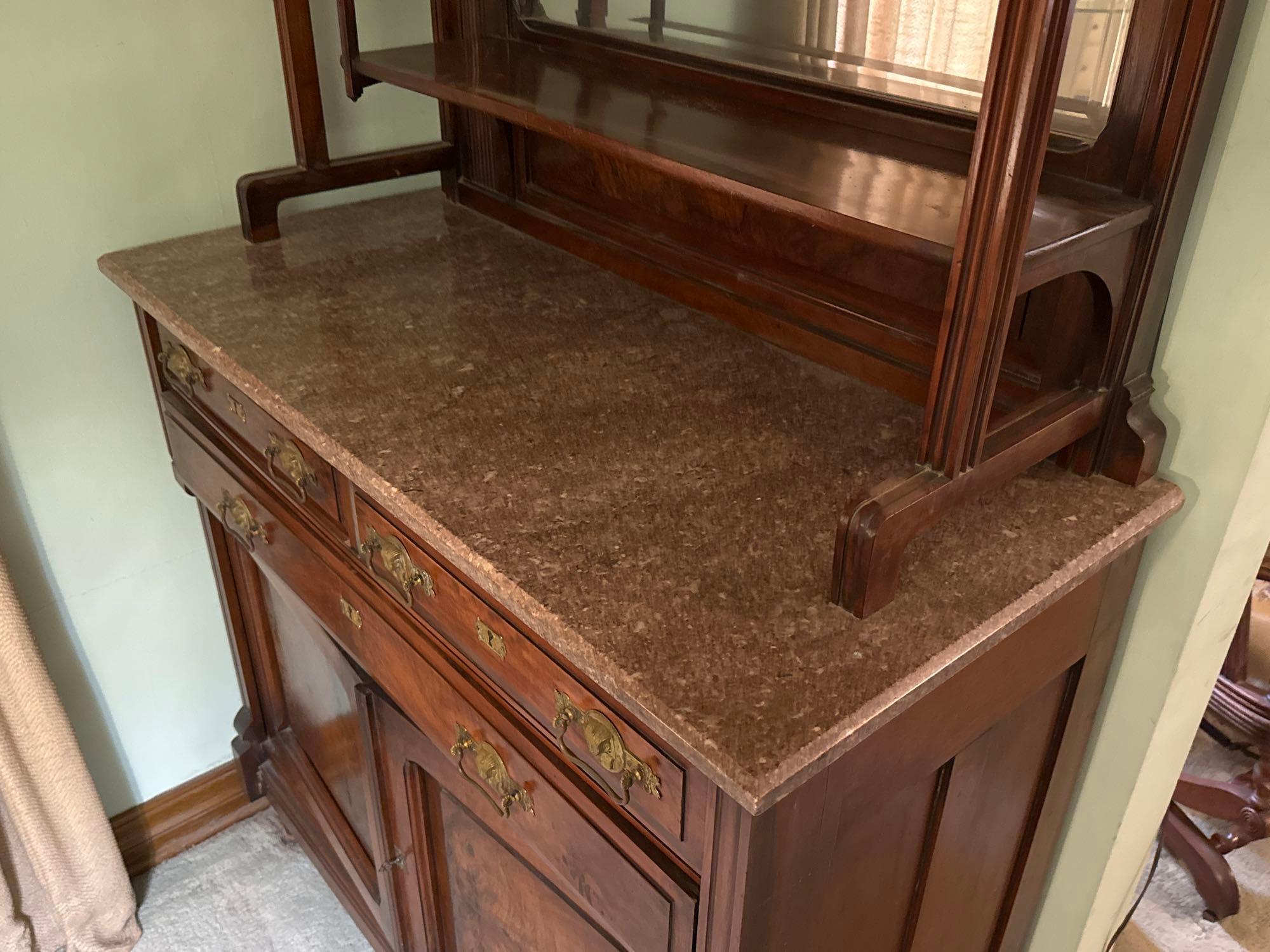 Antique Wood Buffet with Marble Top