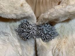Vintage White Fur Jacket with Gemstone Closure