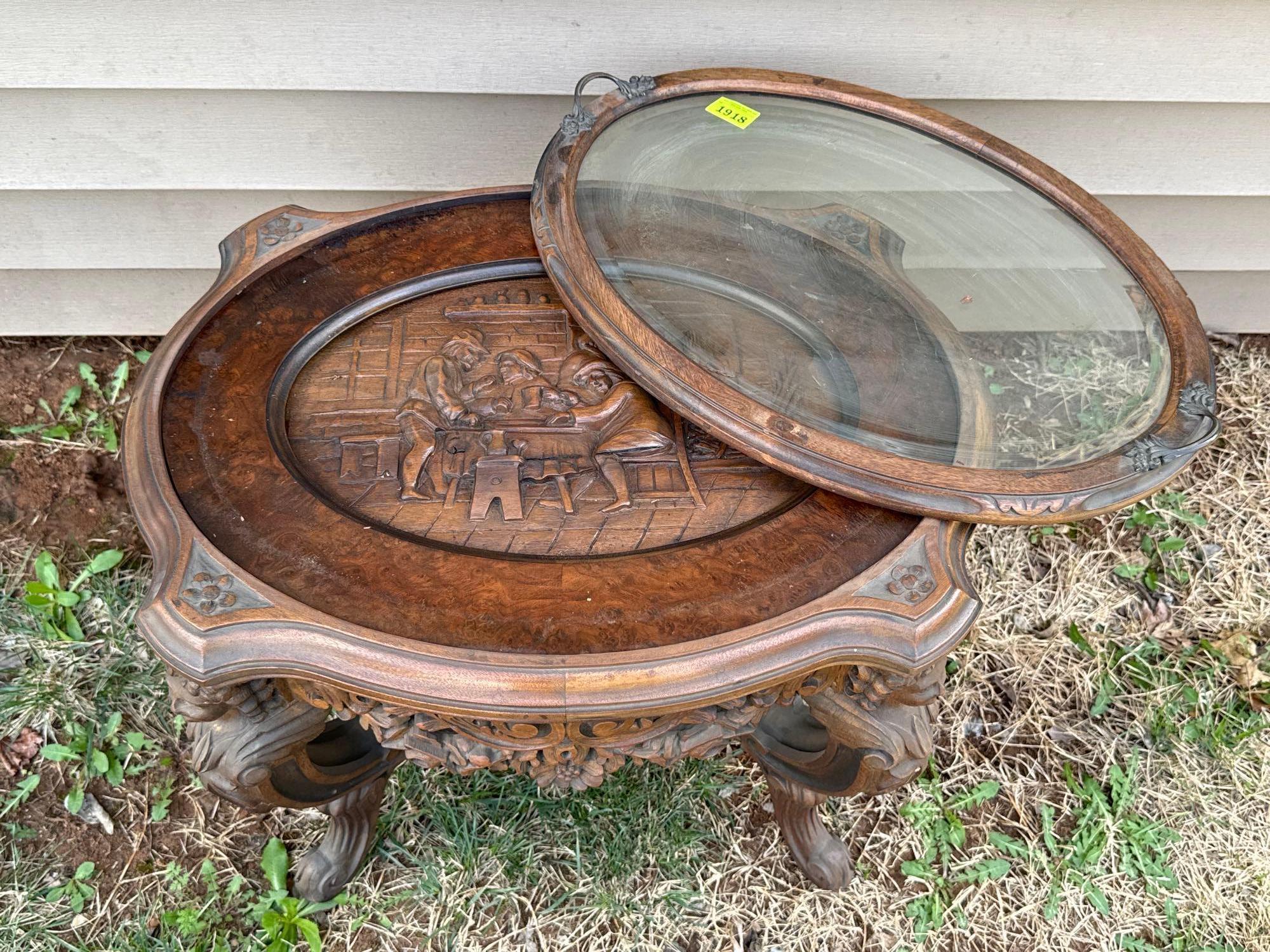 Antique Carved Wood Tavern Table with Glass Tray