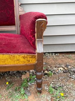 Antique Wood Red & Gold Upholstered Sofa
