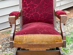 Antique Wood Red & Gold Upholstered Rocking Chair