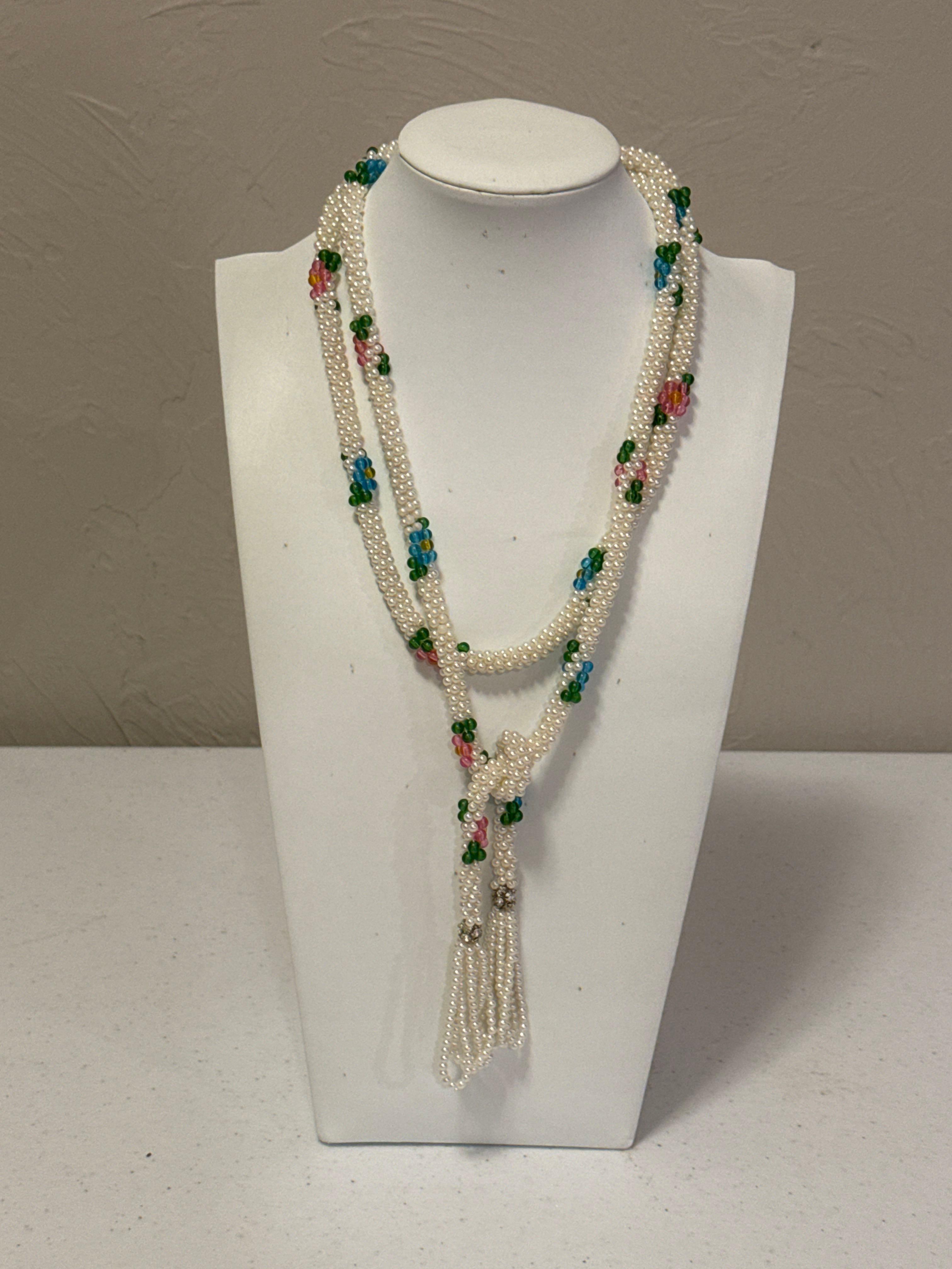Beaded Rope Necklace, Rhinestone Brooch & Synthetic Pearl Bracelet