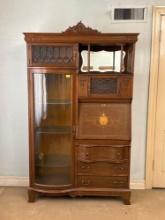 Antique Edwardian Wood Side-By-Side Display Bookcase & Secretary Cabinet
