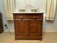 Antique Carved Wood Wash Stand with Marble Top