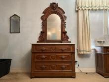 Antique Carved Wood Dresser with Mirror & Marble Top