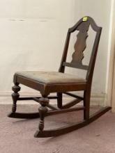 Antique Wood Rocking Chair with Floral Needlepoint Seat