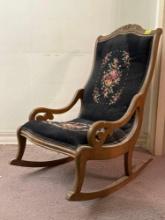 Antique Carved Wood Rocking Chair with Floral Needlepoint Backing & Seat
