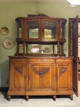 Antique Carved Wood Buffet Hutch with Red Marble Top
