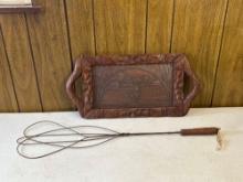 Vintage Mexican Hand Carved Wood Folk Art Tray & Antique Rug Beater