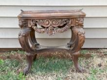 Antique Carved Wood Tavern Table with Glass Tray