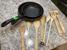 skillets and wooden utensils
