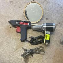 mirror; hot glue gun; mini heat gun
