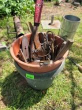 bucket of misc garage and garden tools
