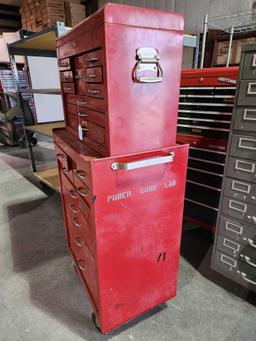 Two set red steel Proto 19 drawer tool chest. Used. 28" x 60" x 18".