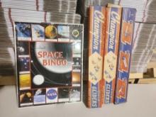 One Space Bingo game in original wrapped box and three vintage Champion balsa wood twin gliders in