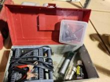 Tackle box with 12 volt 6/2 amp battery charger, terminal brush, etc, and small plastic box with