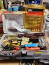 Plano tackle box with assorted screwdriver handles and assorted screwdrivers, etc.