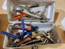 Plano tackle box with assorted pliers and wrenches. Used.