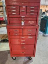 Two set red steel Proto 19 drawer tool chest. Used. 28" x 60" x 18".