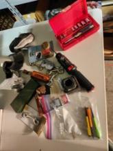 Box of miscellaneous tools, hand socket set, etc.