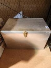 Metal camping box with used cooking items. 21" x 13" x 13". Used.