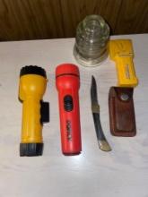 Vtg Pocket Knife, Utility Knife, Insulator and Flashlights