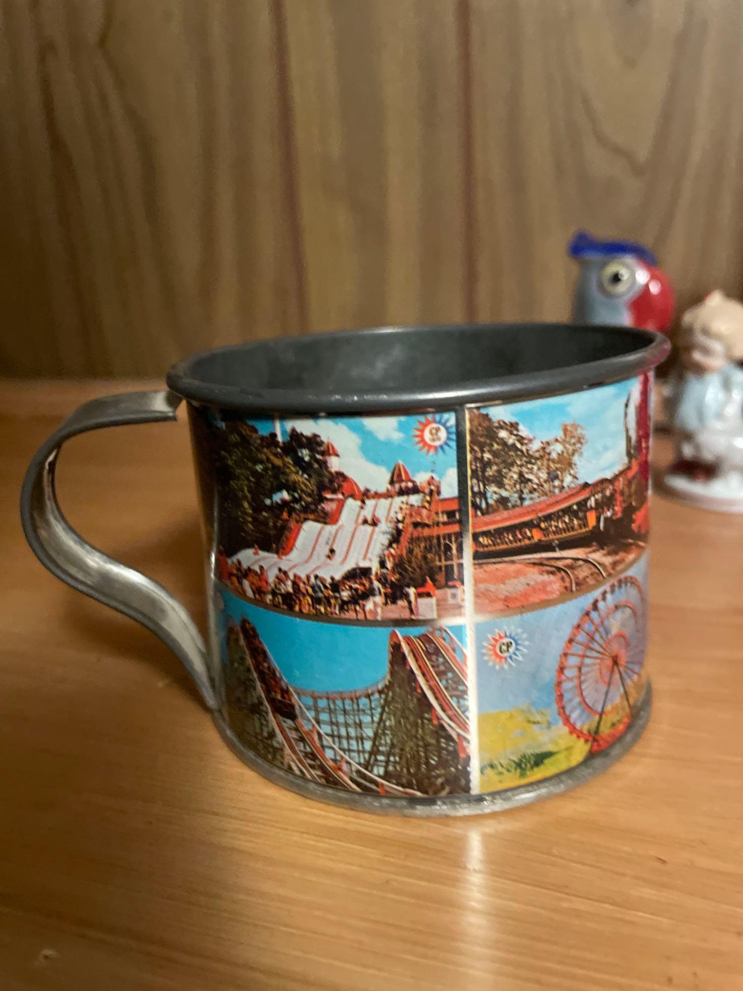 Mid Century Aunt Jemima Syrup Dispenser, Cedar Point Cup, Vtg Christmas Pinback, and Figurines