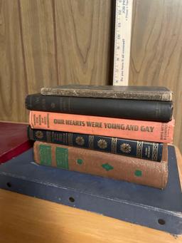 Vintage Scrabble, Postage Stamp Book, and Vtg Books