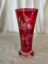 Etched Ruby Glass Vase