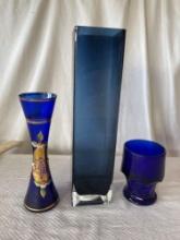3 Assorted Blue Glass Vases