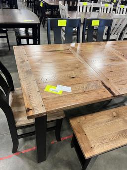 HICKORY DINING TABLE W 4 SIDE CHAIRS, 1 BENCH, 1 18 IN LEAF, 36X48X30 IN