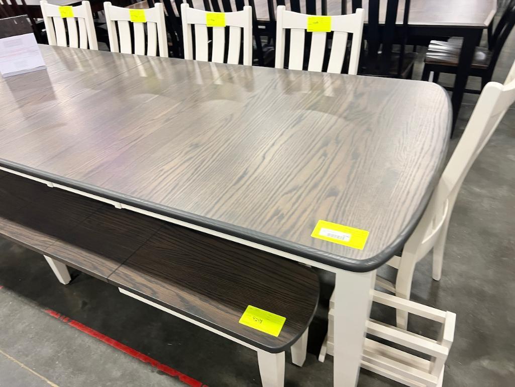 OAK AND MAPLE DINING TABLE W 6 SIDE CHAIRS, BENCH, 4 LEAVES 66X44 IN
