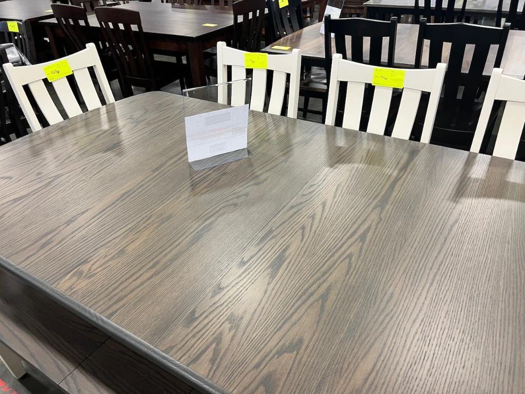 OAK AND MAPLE DINING TABLE W 6 SIDE CHAIRS, BENCH, 4 LEAVES 66X44 IN