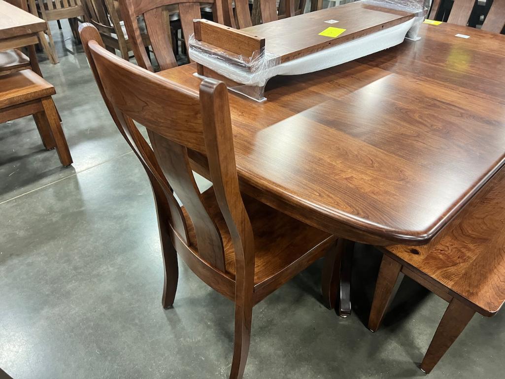 RUSTIC CHERRY DINING TABLE W 4 SIDE CHAIRS, 1 BENCH, 2 LEAVES 42X66 IN