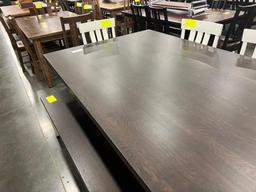 OAK MISSION LEG TABLE W 4 SIDE CHAIRS, 1 BENCH 48X84 IN
