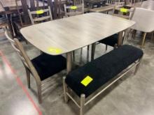 BROWN MAPLE DINING TABLE W 4 UPHOLSTERED SIDE CHAIRS, 1 UPHOLSTERED BENCH 48X36